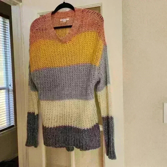 American Eagle Women's Knit Chunky Multicolored Striped Wool Fall Sweater Large - Picture 2 of 11